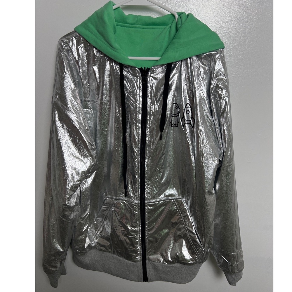 Jeremy Scott Spoiledchild Reversible Hoodie Green Metallic Silver Space Rocket L View 2